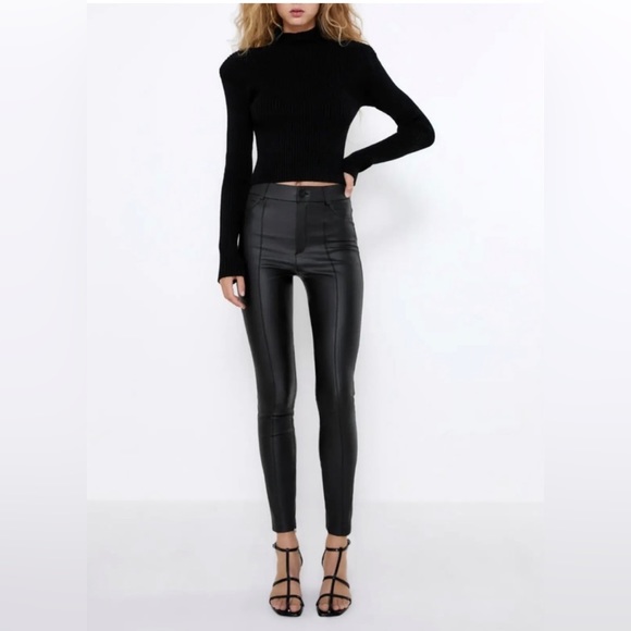 NWT ZARA Black Waxed Coated High Waist Leggings Trousers Size S Bloggers Fav. 1 - Picture 1 of 5